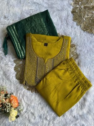 Mustard Elegance Embroidered Kurti Set with Green Dupatta