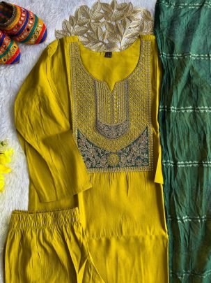 Mustard Elegance Embroidered Kurti Set with Green Dupatta