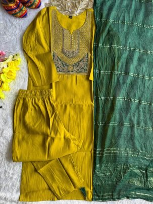 Mustard Elegance Embroidered Kurti Set with Green Dupatta