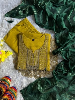 Mustard Elegance Embroidered Kurti Set with Green Dupatta