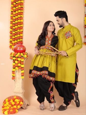 Mustard Gamthi Work Navratri Special Couple Outfit  