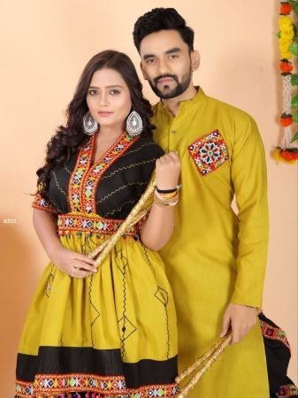 Mustard Gamthi Work Navratri Special Couple Outfit