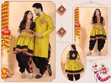 Mustard Gamthi Work Navratri Special Couple Outfit
