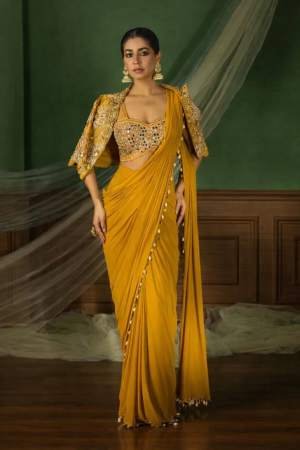 Mustard Embroidered Cape Style Saree with Mirror Work Blouse