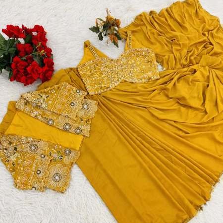 Mustard Embroidered Cape Style Saree with Mirror Work Blouse