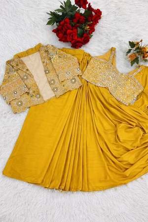 Mustard Embroidered Cape Style Saree with Mirror Work Blouse