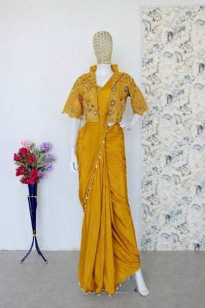 Mustard Embroidered Cape Style Saree with Mirror Work Blouse