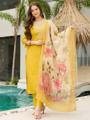 Mustard Yellow Embroidered Kurti with Floral Dupatta
