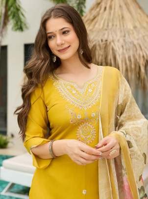 Mustard Yellow Embroidered Kurti with Floral Dupatta