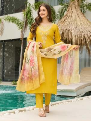 Mustard Yellow Embroidered Kurti with Floral Dupatta