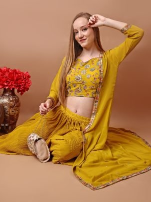 Mustard Yellow Embroidered Sharara Set With Jacket