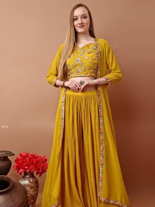 Mustard Yellow Embroidered Sharara Set With Jacket