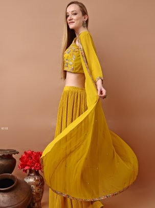 Mustard Yellow Embroidered Sharara Set With Jacket