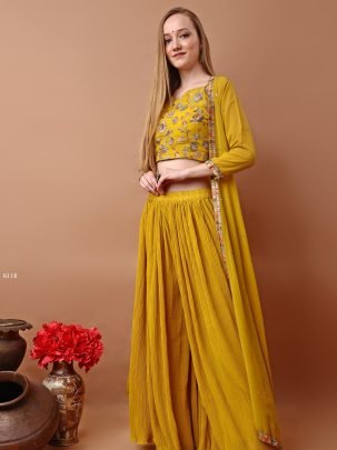 Mustard Yellow Embroidered Sharara Set With Jacket