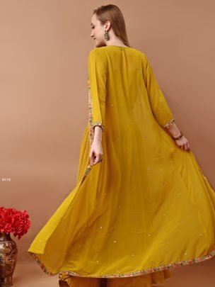 Mustard Yellow Embroidered Sharara Set With Jacket