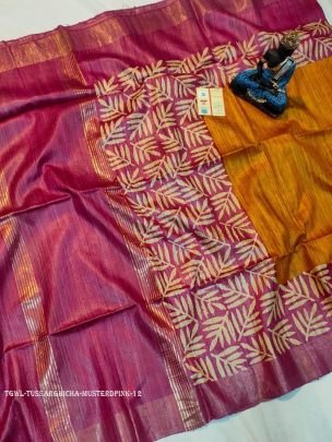 Musterd And Pink Screen Printed Original Tussar Ghicha Silk Saree 12