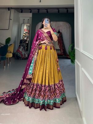 Musterd Foil Print With Patola Tussar Silk Lehenga