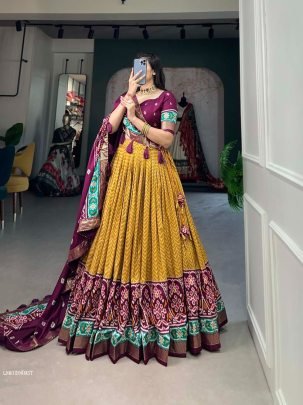 Musterd Foil Print With Patola Tussar Silk Lehenga