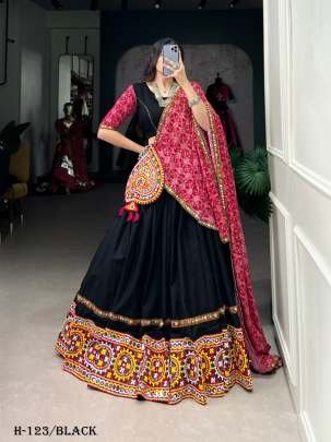 Navaratri Pure Cotton Black Lehenga Choli and Mirror Gamthi Work