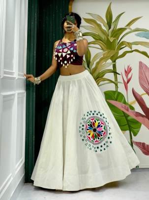  Navratri Fully Flared Lehenga With Wine Halter Neck Blouse 