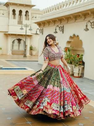 Navratri Multicolor Mirror Work Cotton Lehenga Choli