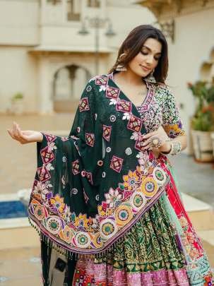 Navratri Multicolor Mirror Work Cotton Lehenga Choli