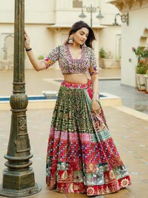 Navratri Multicolor Mirror Work Cotton Lehenga Choli
