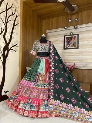 Navratri Multicolor Mirror Work Cotton Lehenga Choli