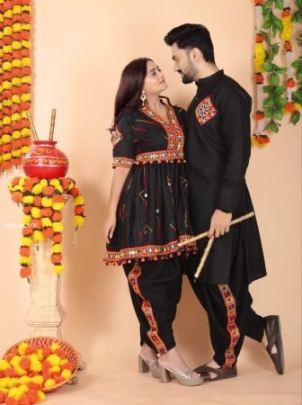 Navratri Special Black Womens Kediya With Mens Kurta Couple Combo Set