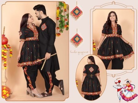 Navratri Special Black Womens Kediya With Mens Kurta Couple Combo Set