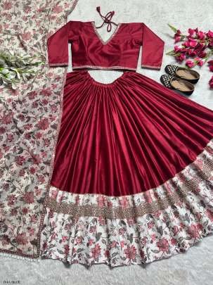 Navratri Special Red Malay Satin Silk Lehenga Choli