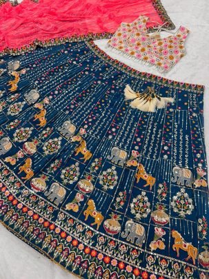 Navratri Special Navy Blue Georgette Multi Needle Work Lehenga