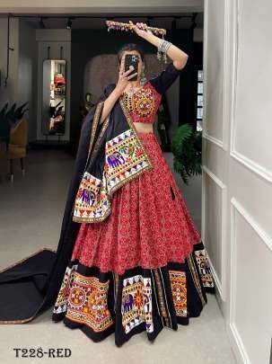 Navratri Special Red Pure Cotton Lehenga Choli Set With Gamthi Work