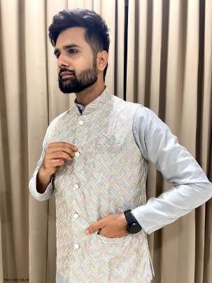 Navratri Special Sky Blue Kurta Pyjama With Jacket For Men