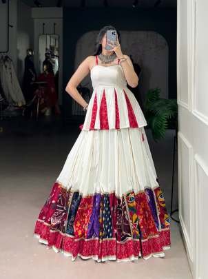 Navratri Special White Rayon Lehenga With Multi Color Patch Work