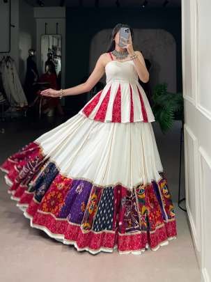 Navratri Special White Rayon Lehenga With Multi Color Patch Work