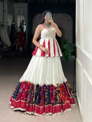Navratri Special White Rayon Lehenga With Multi Color Patch Work