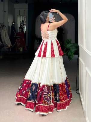 Navratri Special White Rayon Lehenga With Multi Color Patch Work
