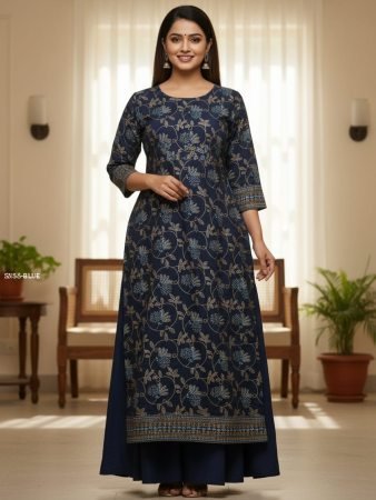 Navy Blue 2 in 1 Double Layer Chanderi Kurta Set with Foil Print