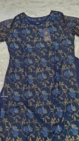 Navy Blue 2 in 1 Double Layer Chanderi Kurta Set with Foil Print