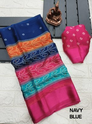 Navy Blue Bandhej Print Moss Chiffon Saree