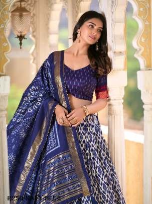 Navy Blue Beautiful Ikkat Printed Tussar Silk Lehenga Choli With Foil Work