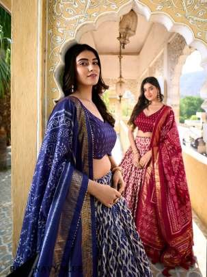 Navy Blue Beautiful Ikkat Printed Tussar Silk Lehenga Choli With Foil Work