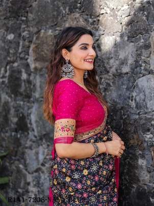 Navy Blue Beautiful Wedding Foil Printed Dola Silk Saree With One Meter Blouse