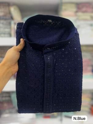 Navy Blue Chikan Work Rayon Kurta Pyjama