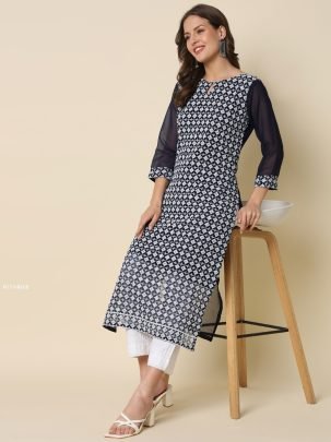 Navy Blue  Chikankari Embroidered Kurti Pant Set 