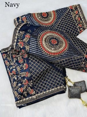 Navy Blue Color Copper Jari Heavy Embroidery Milan Silk  designer Ready made Blouse