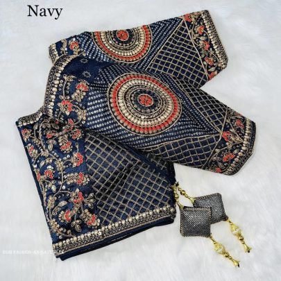 Navy Blue Color Copper Jari Heavy Embroidery Milan Silk  designer Ready made Blouse
