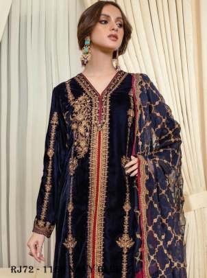 Navy Blue Color Heavy Velvet Beautiful Embroidery Work Kurti Palazzo Dupatta Set