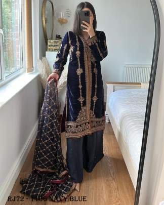 Navy Blue Color Heavy Velvet Beautiful Embroidery Work Kurti Palazzo Dupatta Set